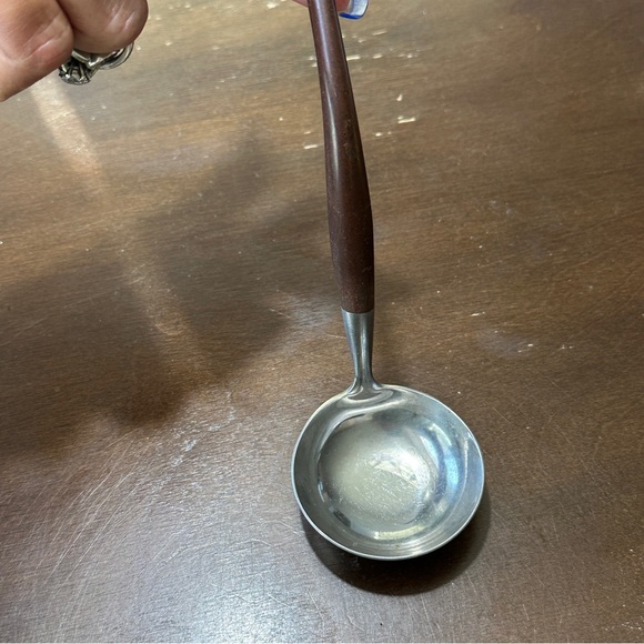 JAPAN MODERN DANISH STAINLESS WOOD SERVING GRAVY SPOON ROUND HANDLE FLAT TIP - Picture 5 of 5